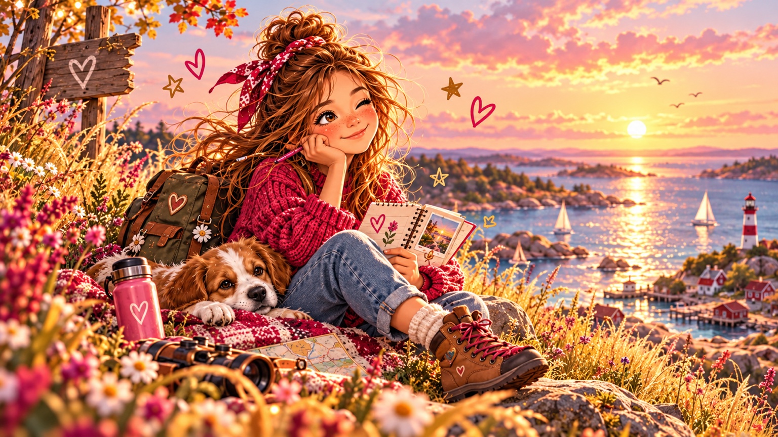 Emma mit Rucksack, Hund und Skizzenbuch auf einer Blumenwiese über dem Meer im warmen Abendlicht